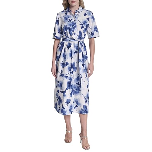 Image of DKNY Women's Short Sleeve Cotton Poplin Collared Midi Shirtdress