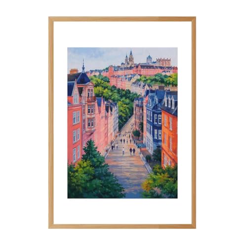 Vintage Framed Canvas Wall Art Cityscape, Cobblestone Street, Colorful Buildings, People Walking, Landscape, Travel Poster, Painting, Wall Decor, Pictures, Living Room, Dorm, Office (12L"x16W",Wooden Framed)
