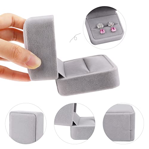 Isuperb Set Of 2 Gray Velvet Couple Double Ring Box Earring Jewelry Case Gift Boxes 2.7X2.7X1.6Inch #TOP5