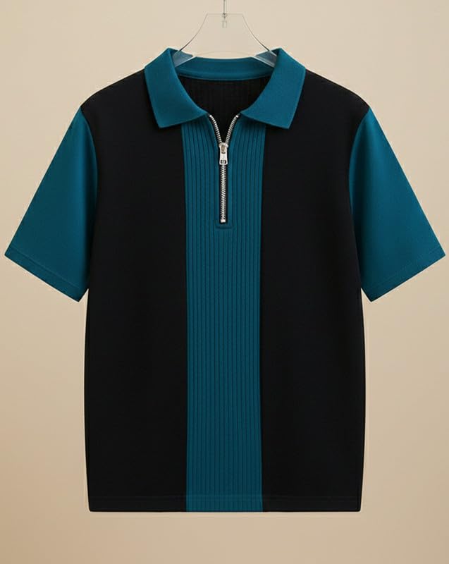 Image of AUSK Men's Textured Vertical Striped Knit Polo T-Shirt | Half Sleeve Zipper Neck Self-Design Casual Tee | Mens Tshirts