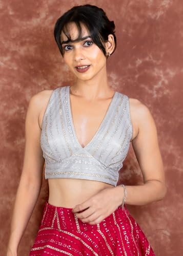 Image of FIGURE'S DESIGNER Women's Sequin Embroidered SabyaSachi Cut V Neck Sleeveless Readymade Saree Blouse E24