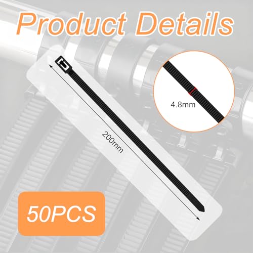 Yatrosynth 50 Stück Kabelbinder Wiederverschließbar, UV Beständig Kabelbinder lang Set, 200mm x 4.8mm, für Kabelmanagement, Gartenarbeit, Wohnen - Schwarz