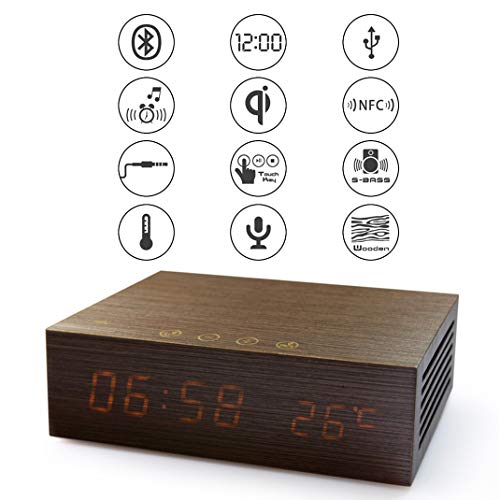 Preisvergleich Produktbild Drahtloses Laden Bluetooth Lautsprecher Wecker, Touch-Steuerung Holz LED Digital Freisprechen Temperaturanzeige Intelligente Handy Kabellos Aufladen Tischuhr,Braun