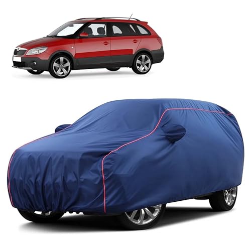 Image of Sulfar 100% Water Resistant Car Body Cover Compatible with Mirror for Skoda Fabia Scout (Triple Stitched, Full Bottom Elastic, Blue Taffeta with Red Piping)