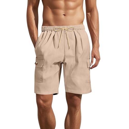 Vhersily Pantalones cortos deportivos para hombre de cintura media, de algodón y lino cargo, pantalones cortos de verano, pantalones cortos de cintura elástica con bolsillos, anchos, informales de