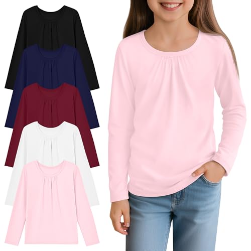 5 Pack Girls Long Sleeve Shirts Crewneck Loose Fit Knitted Tops Basic Soft Multipack Layering Tees for Teen Girls