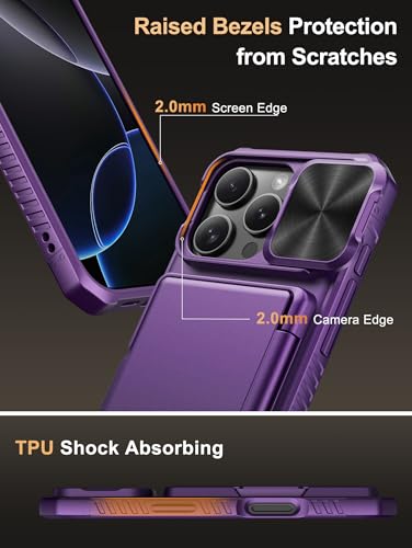 Image of Vihibii for iPhone 16 Pro Case Wallet with Card Holder (4 Cards) [RFID Blocking] & Slide Camera Cover, Military Grade Drop Protection, Hard Back & Silicone Edge Phone Cover, 6.3 inch 2024, Dark Purple