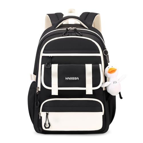 Zaino Casual Donna Scuola Porta PC Università Ragazza Cartella Color-blocking Daypack Borsa zaino viaggio Adolescenti Backpack con un ciondolo carino Nero