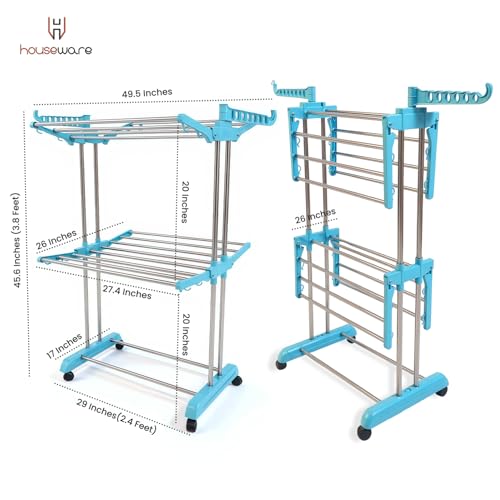 Image of H Houseware Heavy Duty Stainless Steel 2 Tier Cloth Drying Stand with Wheels | Double Pole Clothes Dryer & Laundry Rack | 43.18D x 73.66W x 115.82H cm | Rustproof & Portable (Blue)