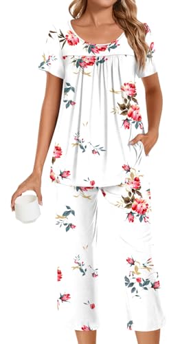 POPYOUNG Plus Size Womens Pajama Sets Summer Ladies Pjs 2 Piece Loungewear Capri with Pockets Sleepwear 4XL Floral White