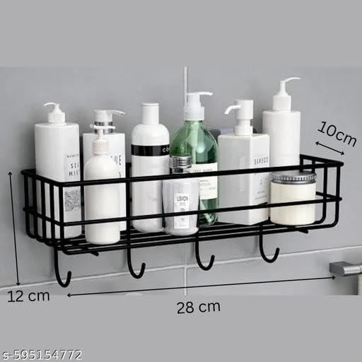 (Pack of 2) Steel Self-Adhesive Multipurpose Bathroom Shelf with Hooks/Towel Holder/Rack/Bathroom Accessories - Wall Mount - Pack of 2 (Black,Powder Coated)|BHR-P2459 3