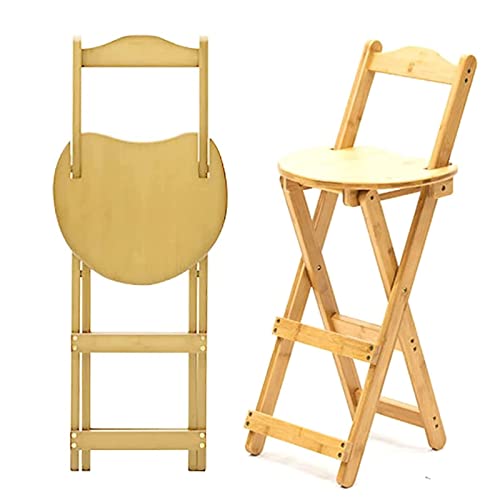 Taburete plegable portátil con respaldo y reposapiés, taburete plegable de madera para encimera de cocina, hogar, desayuno, arte, bar, estable y cómodo, acabado de madera natural, 28 x 34 x 74 cm