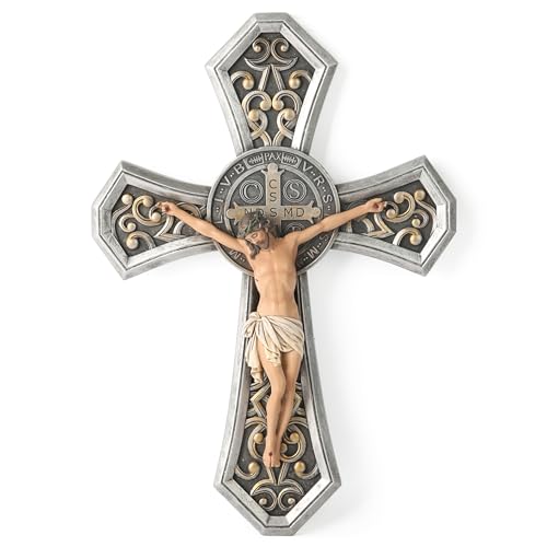 BC Catholic Medal Saint Benedict Crucifix Wall Cross, Jesus Christ Home Decor, Religious Gifts, Renaissance Carve Look, Sliver and Realistic Color Finish, 12