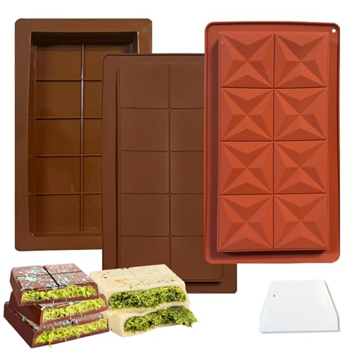 Mauts-inus Deep Chocolate Bar Dubai Molds 3 Pack, 1 Inch Deep Large and Thick Silicone Chocolate Bar Silicone Thick Mold for Stuffed Bar, Big Candy Mold