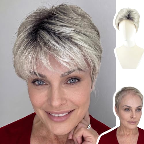 WIGYY Silver Grey Pixie Cut Wig for White Women, Short Curly Synthetic Wig with Bangs, Upgraded Glueless Cap, Heat-Resistant Lightweight Wig for Older Women Daily Wear