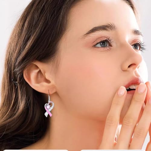 Breast Cancer Awareness Earrings For Women, Pink Ribbon Heart Dangle Drop Earrings Breast Cancer Survivor Gift Support Christmas Thanksgiving Holiday Jewelry3