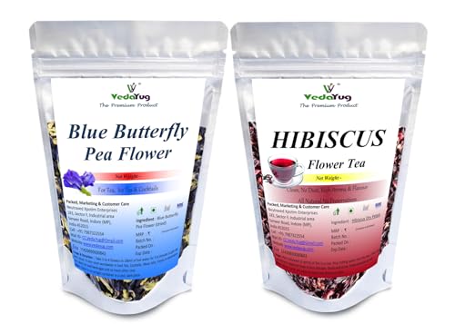 Image of VY VedaYug Herbal Tea Combo Pack | Blue Butterfly Pea Flower 20g & Hibiscus Flower 30g | Caffeine Free Herbal Tea | Total Weight 50g