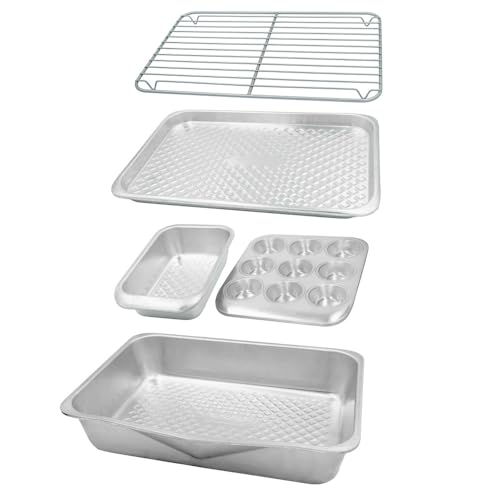 Masterclass Recycled Aluminum 5Pc Baking Set, Stacking Bakeware Set With Roaster, Muffin Pan, 2Lb Loaf Tin, Baking Tray & Wire Cooking Rack