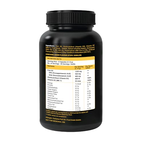 Image of Fish Oil 1250mg with Vitamin D3 & K2, 90 Softgels | 3X Triple Strength 560mg EPA & 400mg DHA | Supports Heart, Bone Health, Brain & Immunity | Easy to Swallow Small Pills | Non-GMO, Burpless Anti-Reflux, No Heavy Metals