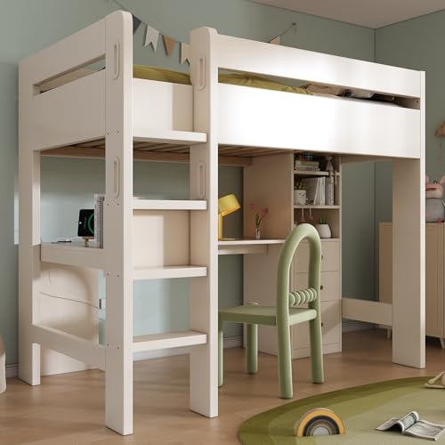 Cama Alta 90x200 cmCon Escalera, Escritorio En L y Estantes Inferiores, Mueble De Madera con Cajones y Somier Incluido, Diseño De Cama con Escritorio, para Habitacion Juvenil Completa