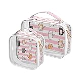 2 transparente dekorative Herren-Kulturbeutel für Reisen, TSA-geprüft, rosa weiße Streifen, Cartoon-Katze, wasserdichte Kosmetiktaschen für Damen, für Geldbörse, Reisen, unverzichtbar