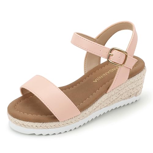 PANDANINJIA Girls Sandals Wedge Platform Espadrille Little Big Kid Girls Heels Open Toe Summer Dress Shoes, Pink Pu, 6 Big Kid