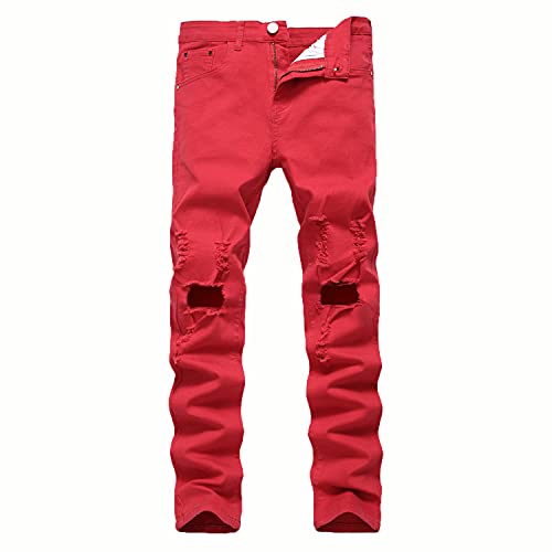 Men's Ripped Slim Casual Distressed Denim Pants Fit Straight with Zipper Jeans Skinny Retro Stretch Jean Trousers (Red,31)