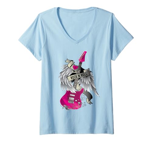Femme I Love Rock and Roll Guitar Angel Wings T-Shirt avec Col en V