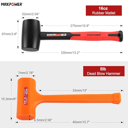 Image of MAXPOWER 2-Piece Rubber Mallet Set - 5 lb Dead Blow Hammer & 16 oz Rubber Mallet, Non-Marring Striking Tools for Automotive, Metal Forming, Woodworking & Assembly