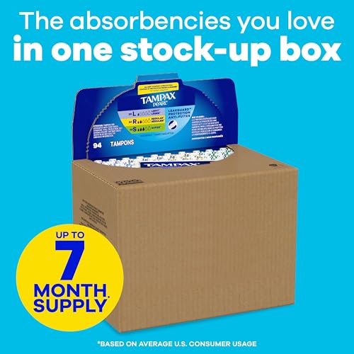 Image of Tampax Pearl Tampons for Women Multipack, with LeakGuard Braid, Light /Regular /Super Absorbency, Unscented, 94 Count (2 Packs of 47) (Packaging May Vary)