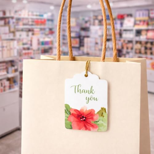 Image of CVANU Floral Thank You Gift Tags (Set of 150), Elegant Flower Design (D10) Hanging Tags with Gold String for Wedding Return Gifts & Small Business Packaging (2.85 x 1.7 Inch)