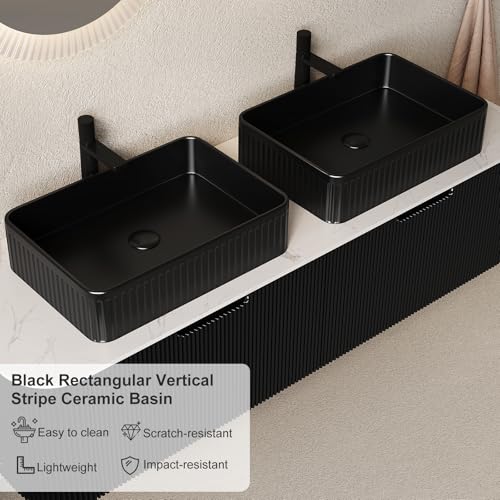 60" Floating Bathroom Vanity with Double Sink, Modern Bathroom Vanities with Marble Countertop and Rectangular Ceramic Sink, Soft-Close Design, Natural Solid Wood Cabinet, Pre-Assembled, Gloss Black