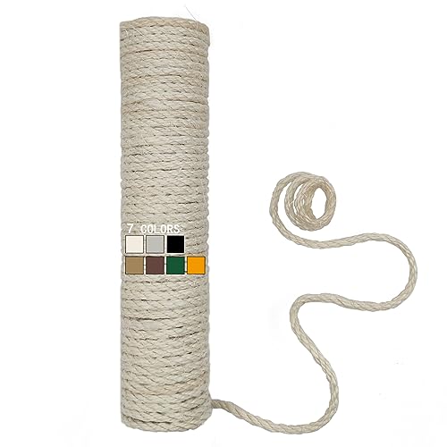 XRzitky Natural Sisal Rope for Cat Scratcher, 1/4 Inch 65FT Sisal Rope for Cat Scratching Post Repair Replacement, Multi Color Cat Scratch Tree Rope Replacement, White