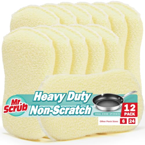 Mr. Scrub Kitchen Sponges Dish Scrub Sponge 12 Pack Odor-Resistant Quick-Drying Non-Scratch for Washing Dishes Pans Pots & Nonstick Cookware