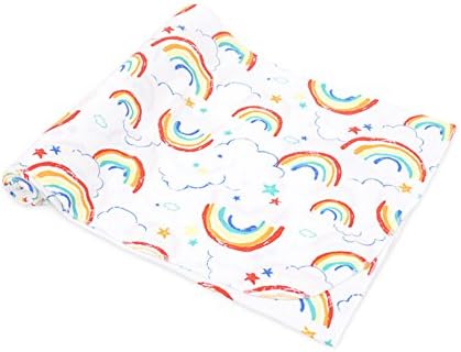 CuteOn Swaddle Blankets Muslin Blankets for Unisex Baby- Blue Cloud Rainbow