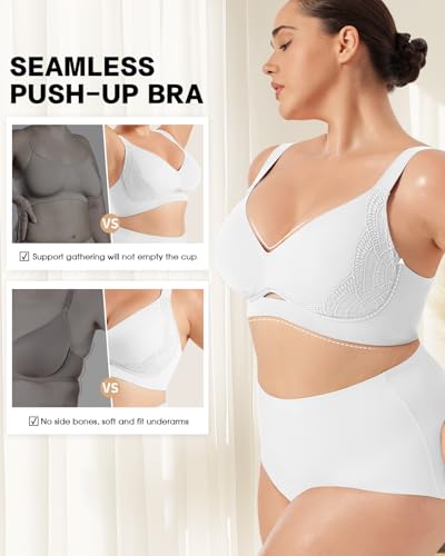 LIIJOO Wireless Seamless Full Coverage Plus Size Bra for Women, Lace Hollow-Out Underband Back Smoothing Wide Strap Lift Support, Removable Padded Everyday Tshirt Bralette（White, 1XL Plus Size） — view 5