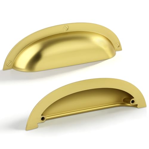 BOZWELL 3-3/4 Inch（96mm） Hole Center Brushed Gold Heavy Duty Solid Cabinet Cup Pulls, Brass Kitchen Drawer Handles Cup for Cupboard Hardware Handles 6 Pack BZ2501