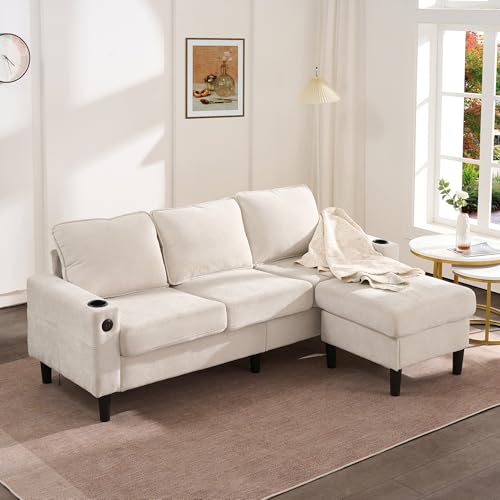 Arhatreya 3 Sitzer Sofa Gästesofa Modern Couch mit USB- und Typ-C-Anschlüssen, 3er Sitzsofa mit Zwei Getränkehaltern, L-förmiges Schlafsofa für Wohnzimmer, Schlafzimmer, Wohnung, Beige