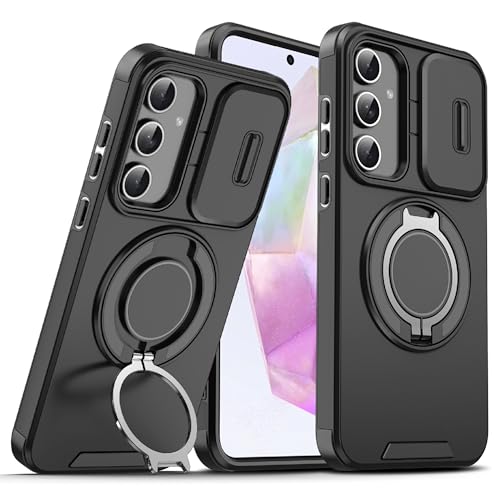 Image of Yindella Phone Case Compatible for Samsung A55, Shockproof Protective Cover with Slide Camera Protector, 360 Ring Kickstand, Magnetic Car Mount Support - Black