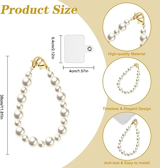 Image of KHOLAD White Bow Phone Chain Crossbody Pearl Strap | 2in1 Wrist & Shouler Crossbody Lanyard | Pearl Beads Charms Chain with Phone Tether Patches | Compatible with Most Phones, Bag, Purse