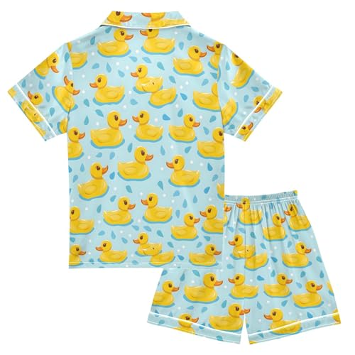 ALAZA Yellow Duck Water Blue Satin Pajamas Set Short Sleeve Button Down Sleepwear Summer Pjs 2 Piece2