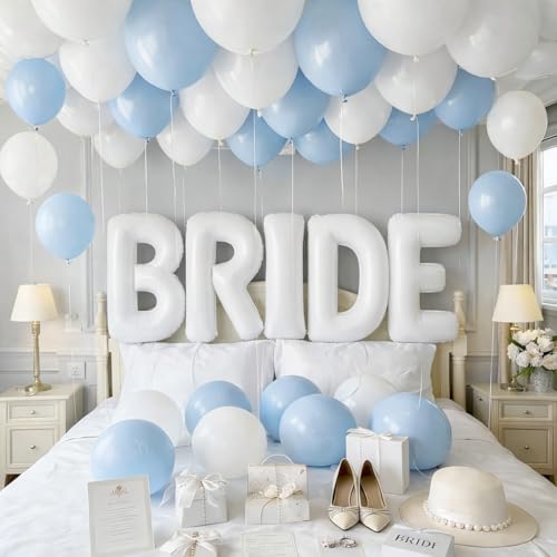 Bride Balloon Decoration Set Blue White Party Balloons Bachelorette Party Decorations with Heart Letter Balloons for Bridal Shower Wedding Engagement