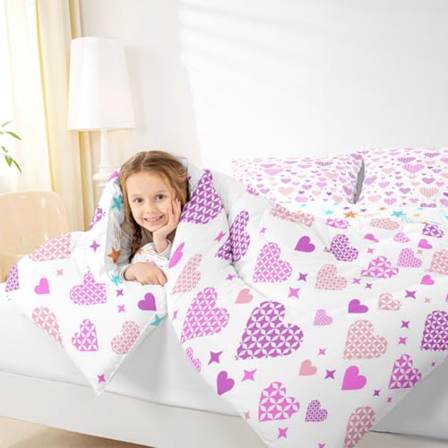 Image of Erosebridal Love and Heart Twin Bedding Set Cute Heart Pattern Comforter Set for Kids Girls Pink Purple Valentine Comforter Love Geometric Duvet Insert