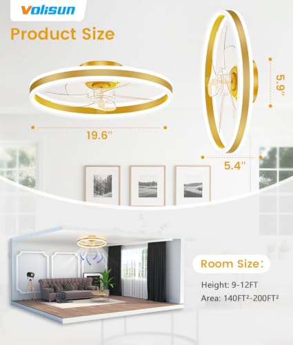 Image of VOLISUN Low Profile Ceiling Fans with Lights and Remote, 20in Flush Mount Ceiling Fans with Light, 3000K-6500K Dimmable Fandelier LED Fan Light, Gold Bladeless Ceiling Fans with Lights for Bedroom