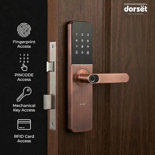 Image of Dorset DG 102 Mortise Digital Door Lock with Fingerprint, Password, RFID & Key Access | Anti-Theft Password & Intrusion Detection | Auto & Manual Locking Modes | 3-Year Warranty, Copper Finish