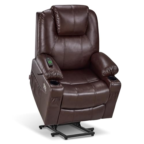 MCombo Large Power Lift Recliner Chair with Massage and Heat for Tall Elderly People, 3 Positions, Cup Holders, and USB Ports, Faux Leather 7516 (Large, Dark Brown)