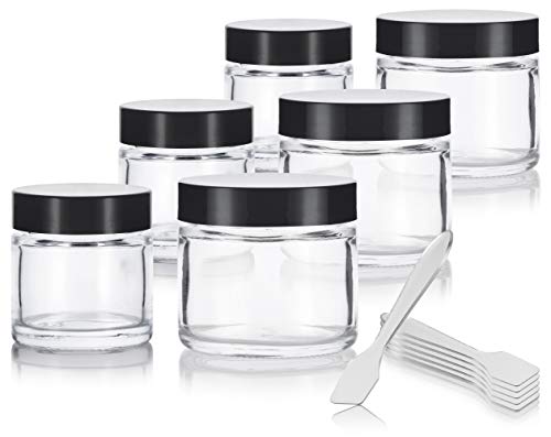 Clear Glass Straight Sided Jar Includes 3-1 oz Clear Glass Jars and 3-2 oz Clear Glass Jars (6 pack) + Spatulas for Aromatherapy, Essential Oils, Travel and Home