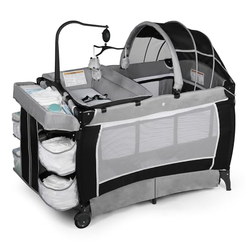 Image of TODEFULL 4-in-1 Pack and Play, Multifunction Baby Bassinet Bedside Crib, Folding Portable Baby Playard w/Baby Changing Table, Large Storage Basket, Mattress and Soft Toys for Newborn to Toddlers