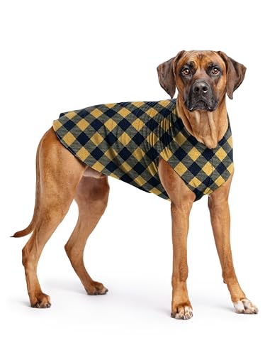 Image of Goldpaw Stretch Fleece Dog Sweater - with Spandex for 4-Way Stretch - Soft, Comfortable Dog Coat - Machine Washable - Made in the USA - Gold Buffalo Check - Size 26