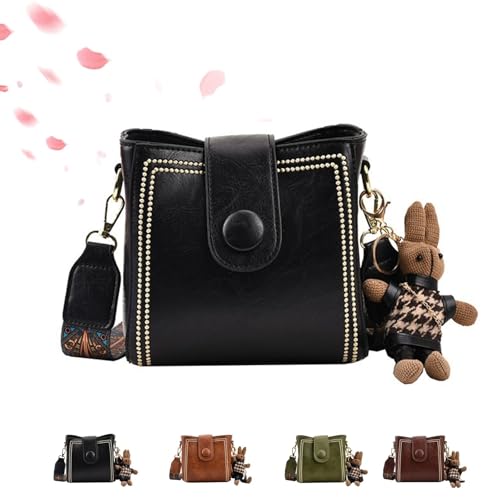 Bootara Bucket Bag, Women Vintage Fashion Bucket Bag with Adjustable Wide Shoulder Strap Bunny Charm Travel Crossbody Bags(Black)